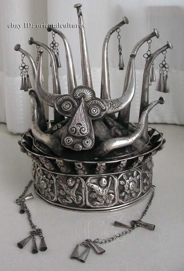 Vintage Exotic Chinese Handmade Miao Silver Hat  