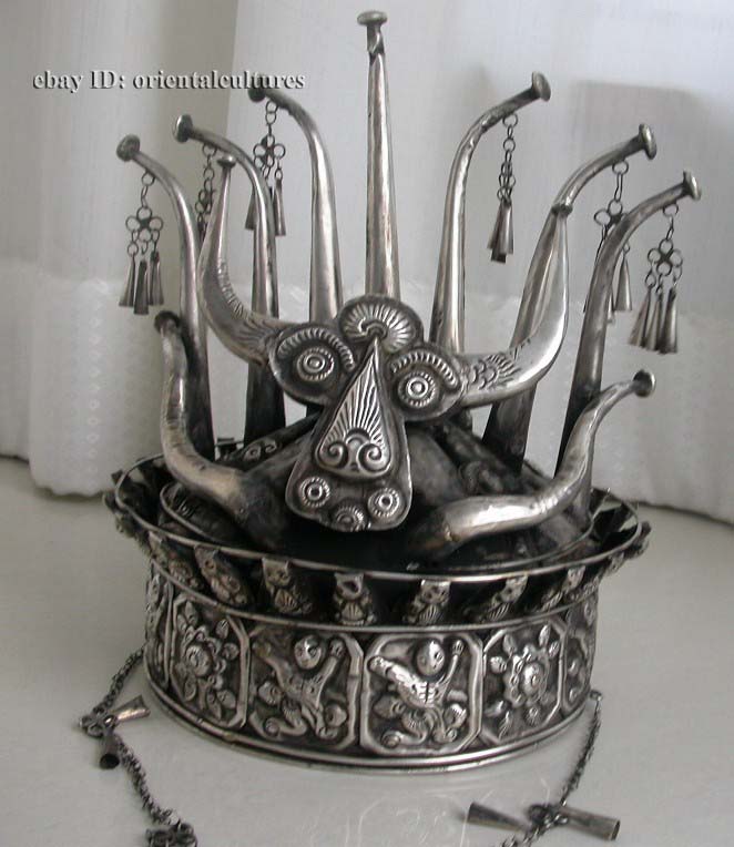 Vintage Exotic Chinese Handmade Miao Silver Hat  