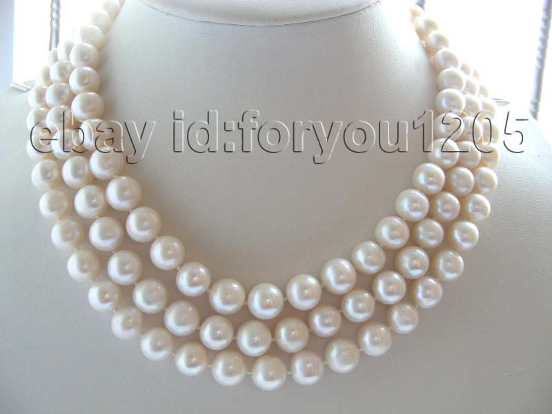 3rows Natural 11mm White Pearl Necklace Lapis Gemstone  