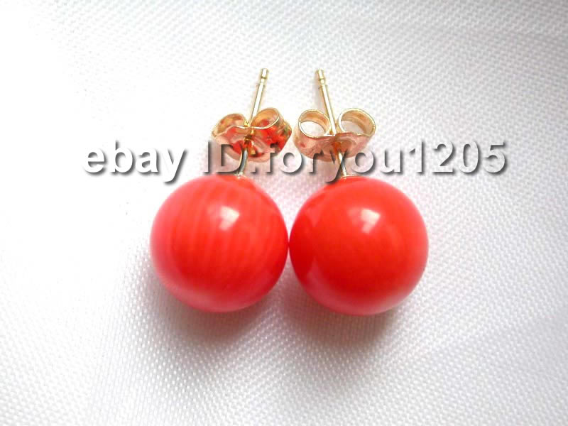 StunningNatural 10mm Red Round Coral Earrings 14K  