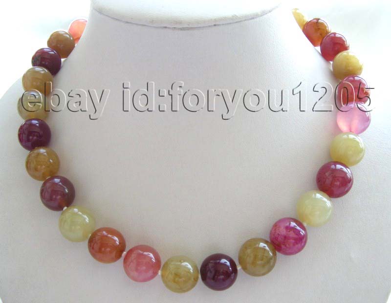 18 Natural 14mm Multicolor Round Jade Necklace  